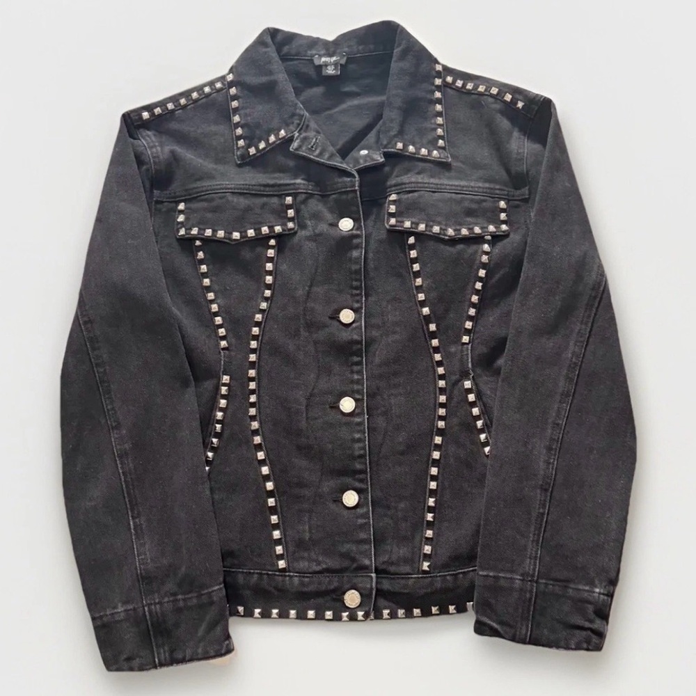 Nasty Gal Black Studded Denim Jacket Size 8 Y2K Punk Moto Western Trucker